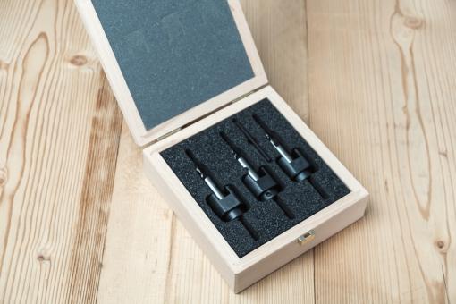 Juego de brocas y avellanadores con 3 piezas Ø 3, 4, 5 mm + tope de profundidad en una caja de madera 